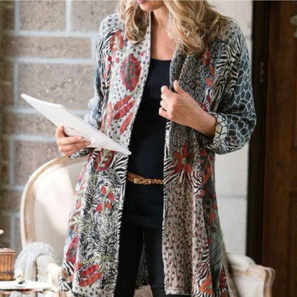 Soft Surroundings S/M Patchwork Mixed Animal Print Zebra Cheetah Wool Cardigan